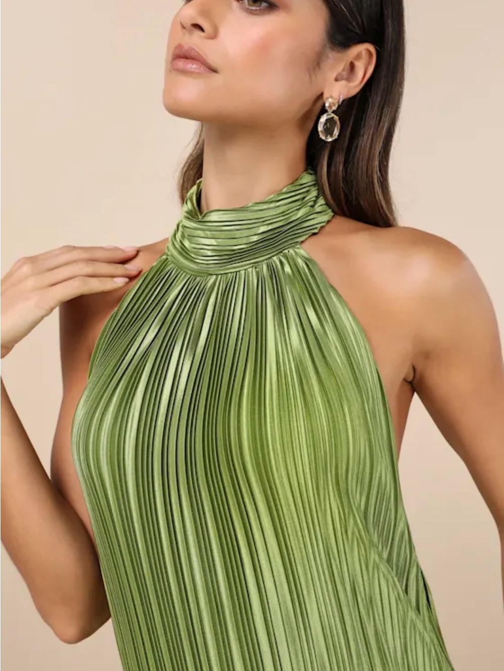 Lulu's Olive Green Pleated Halter Maxi Dress - Picture 3 of 6